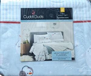 Cuddl Duds Snowman Hats Full Flannel Sheet Set 100% Cotton Winter Christmas NIPC